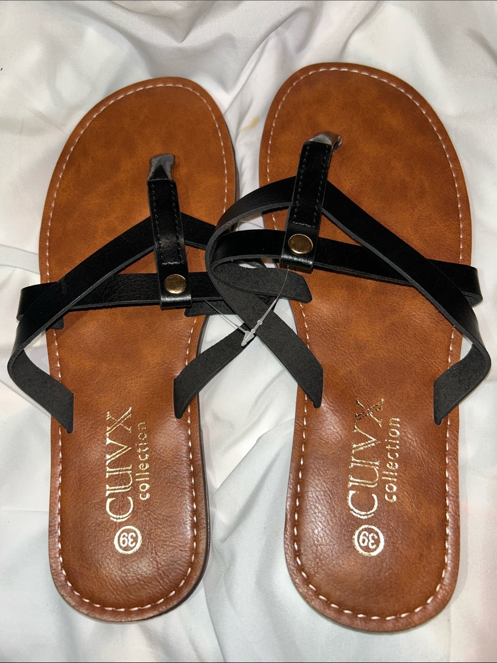 Curvx Collection Black Strappy Women's Sandals with Brown Footbed
